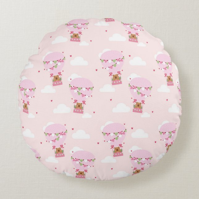 Cute Capybara Hot Air Balloon Round Cushion (Front)