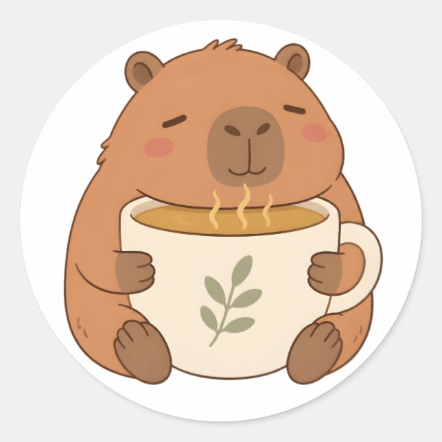 Cute Capybara Hugging Coffee Cup Sticker (Front)