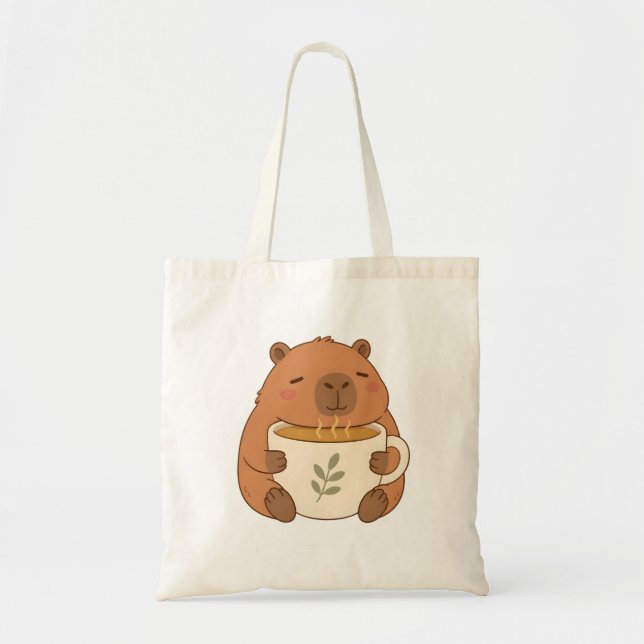 Cute Capybara Hugging Coffee Cup Tote Bag (Front)