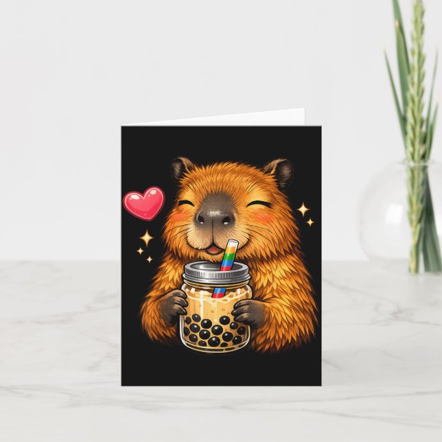 Cute Capybara Kawaii Anime Drinking Bubble Tea Card (Front)