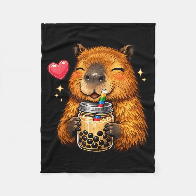 Cute Capybara Kawaii Anime Drinking Bubble Tea Fleece Blanket (Front)