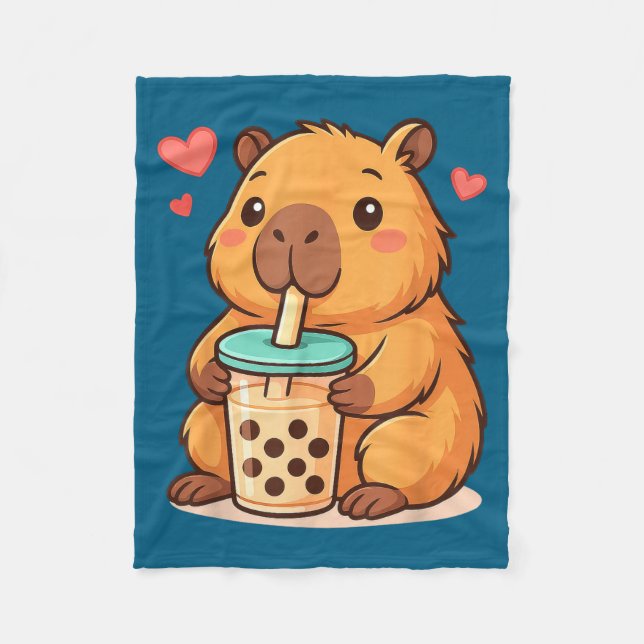 Cute Capybara Kawaii Anime Drinking Bubble Tea Lov Fleece Blanket (Front)
