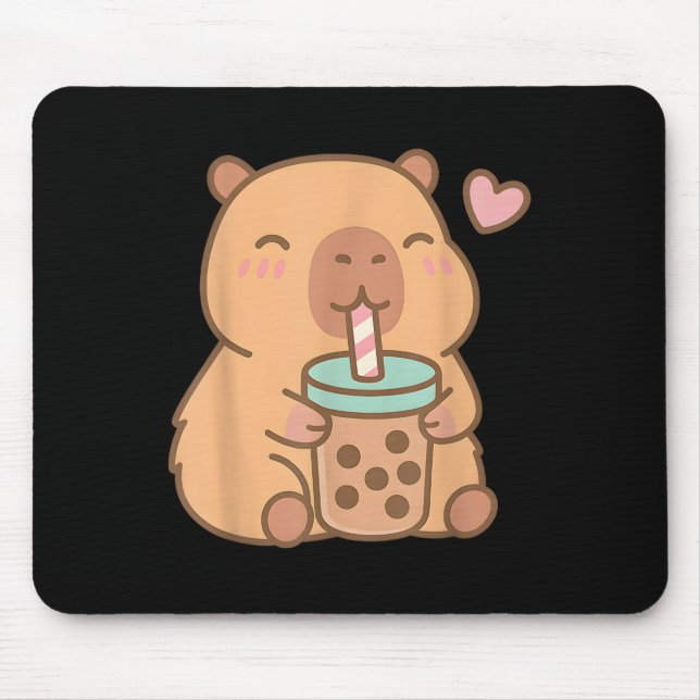 Cute Capybara Kawaii Anime Drinking Bubble Tea Lov Mouse Pad (Front)