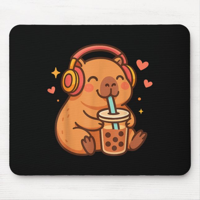 Cute Capybara Kawaii Anime Drinking Bubble Tea Lov Mouse Pad (Front)