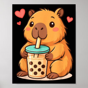 Cute Capybara Kawaii Anime Drinking Bubble Tea Lov Poster