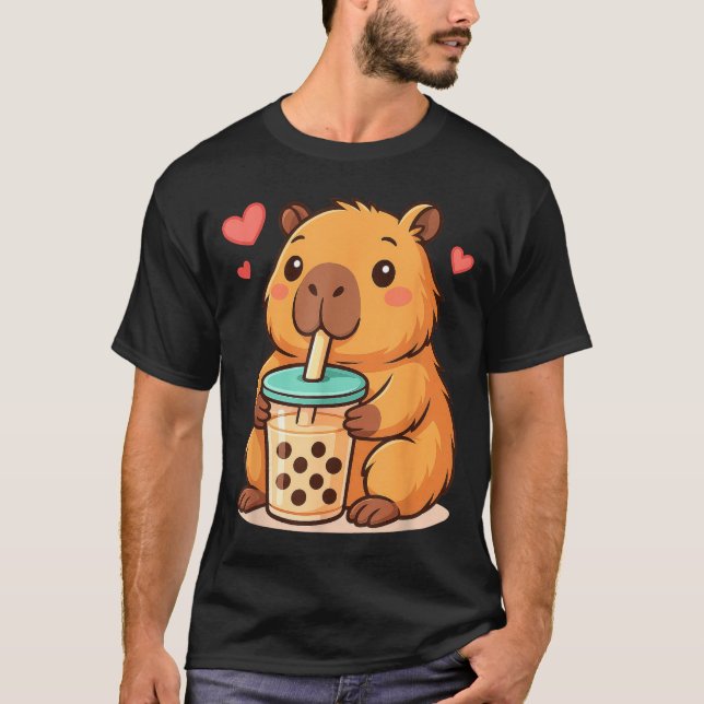 Cute Capybara Kawaii Anime Drinking Bubble Tea Lov T-Shirt (Front)