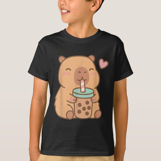 Cute Capybara Kawaii Anime Drinking Bubble Tea Lov T-Shirt (Front)