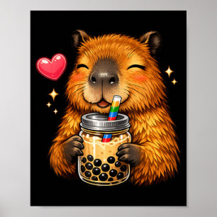 Cute Capybara Kawaii Anime Drinking Bubble Tea Poster