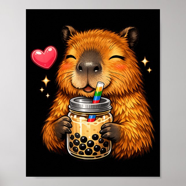 Cute Capybara Kawaii Anime Drinking Bubble Tea Poster (Front)