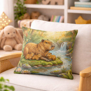 Cute Capybara Mama And Babies Jungle Animals  Cushion