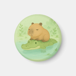 Cute Capybara on Green Crocodile gift for home Magnet