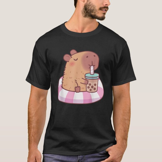 Cute Capybara On Pool Float Drinking Bubble Tea Lo T-Shirt (Front)