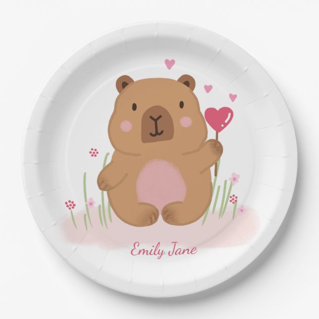 Cute Capybara Personalized Pink Baby Shower  Paper Plate (Front)