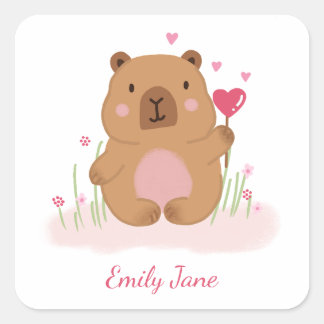 Cute Capybara Personalized Pink Baby Shower Square Sticker