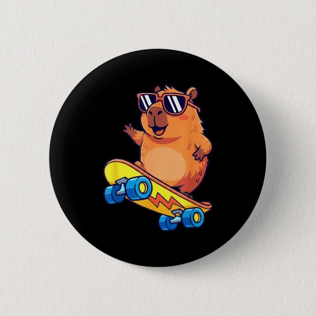 Cute Capybara Skateboarding Chill Animal Lover Art 6 Cm Round Badge (Front)