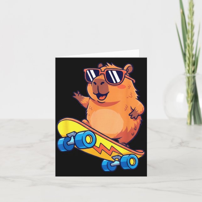 Cute Capybara Skateboarding Chill Animal Lover Art Card (Front)