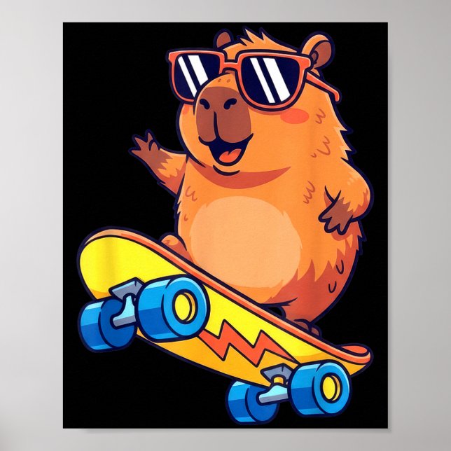 Cute Capybara Skateboarding Chill Animal Lover Art Poster (Front)