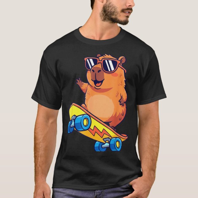 Cute Capybara Skateboarding Chill Animal Lover Art T-Shirt (Front)