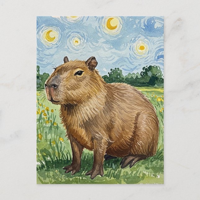 Cute Capybara Starry Night van Gogh Postcard (Front)