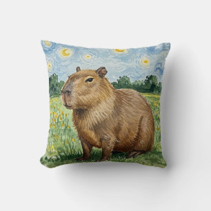 Cute Capybara Starry Night Vincent van Gogh Pillow