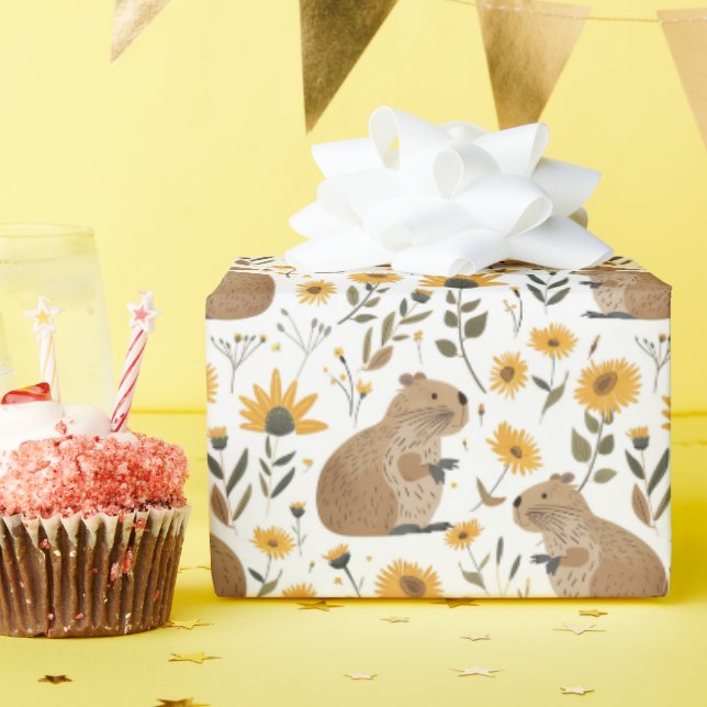 Cute Capybara Sunflower Floral Wrapping Paper (Birthday Party)