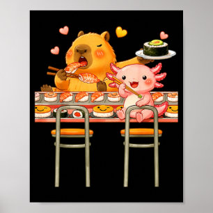 Cute Capybara Sushi and Axolotl Boba Kawaii Boys Poster