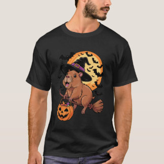 Cute Capybara Witch Riding Broom Halloween Pumpkin T-Shirt
