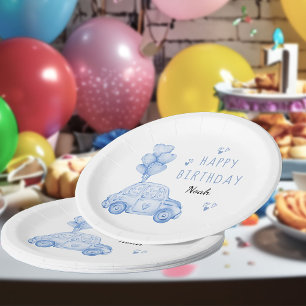 Cute Car and Heart Balloons Blue Birthday Party Paper Plate