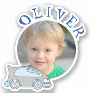 Cute Car Blue Round Frame Name and Photo Kids