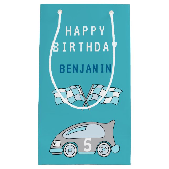 Cute Car Flag Happy Birthday Kid`s Name Small Gift Bag (Front)
