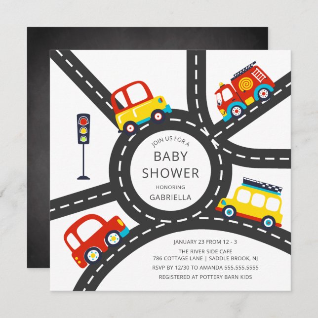 Cute Car Roadway Boys Baby Shower Invitation (Front/Back)