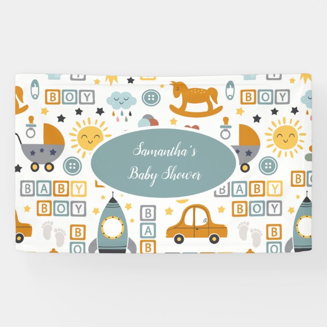 Cute Car Toy Pattern Boy Teal Baby Shower Banner (Horizontal)