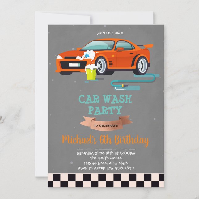 Cute car wash party birthday invitation (Front)