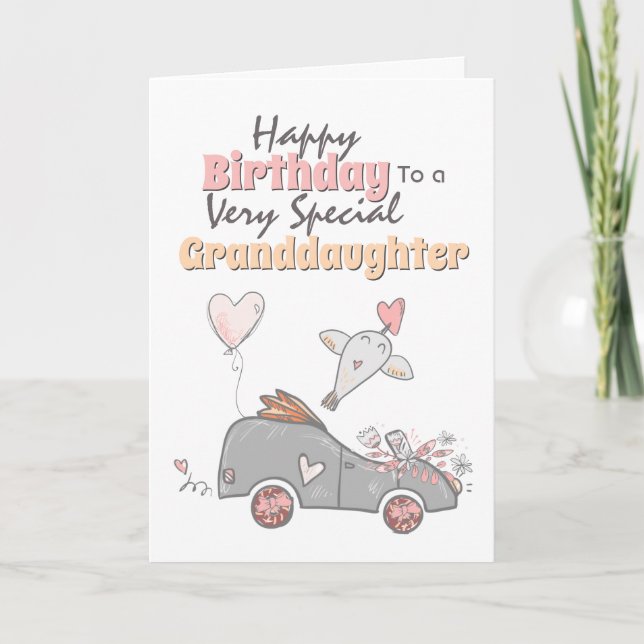 Cute car whimsical bird balloon granddaughter wish card (Front)
