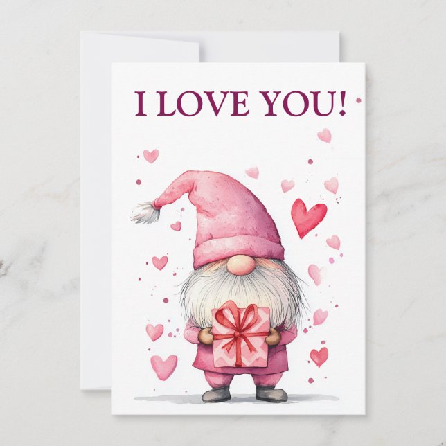 cute card with a cartoon pink gnome in love  (Front)