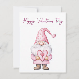 cute card with a cartoon pink gnome in love