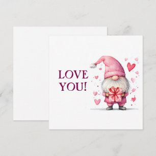 cute card with a cartoon pink gnome in love