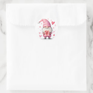 cute card with a cartoon pink gnome in love classic round sticker