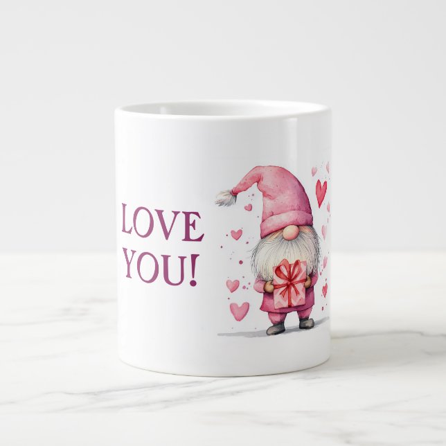 cute card with a cartoon pink gnome in love large coffee mug (Front)