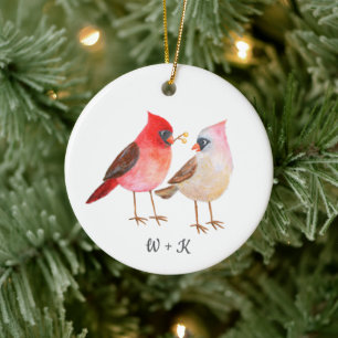 Cute Cardinal Giving Gifts Couple Custom Christmas Ceramic Ornament
