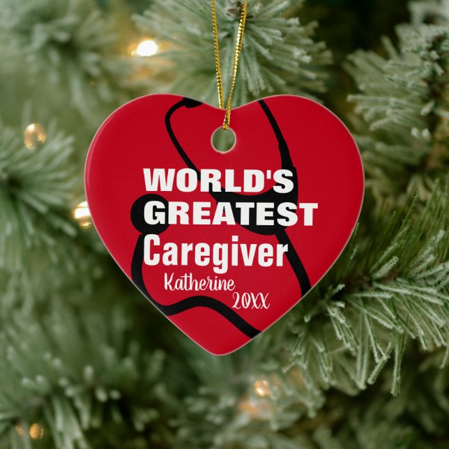 Cute Caregiver Medical Red Heart Personalised Ceramic Ornament (Tree)