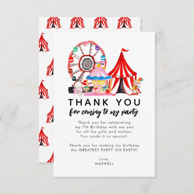Cute Carnival Circus Show Clowns Balloons Birthday Thank You Card (Front/Back)