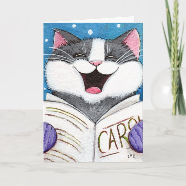 Cute Carol Singing Cat Christmas Card (Front)