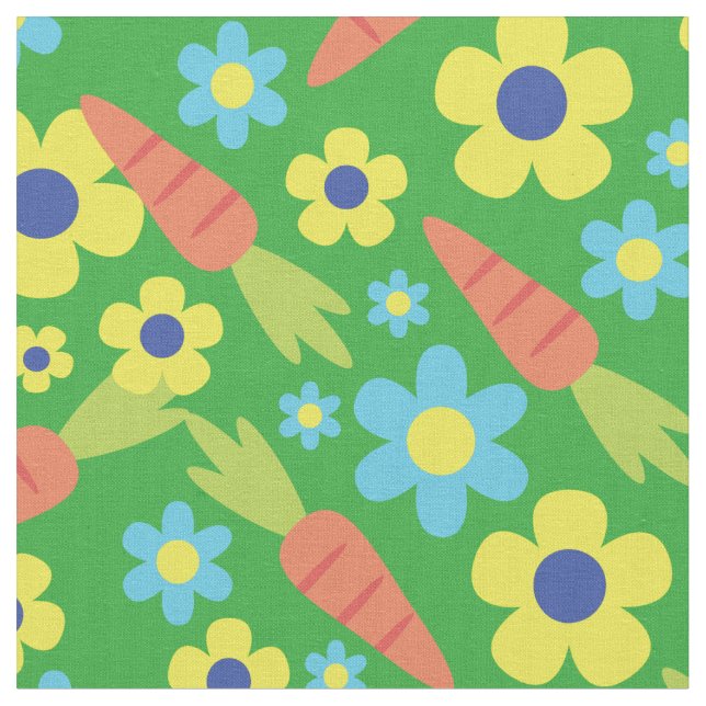 Cute Carrots and Flowers Spring Easter Fabric (Close Up)