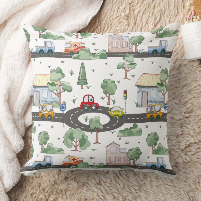 Cute Cars in Town Pattern for Little Boys Cushion (Blanket)