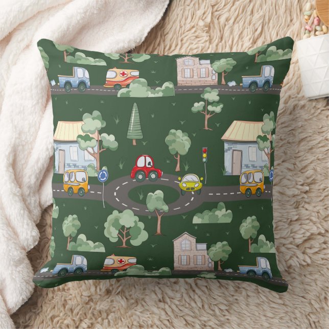 Cute Cars in Town Pattern for Little Boys Green Cushion (Blanket)