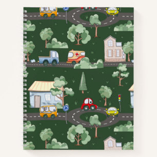 Cute Cars in Town Pattern for Little Boys Green Notebook