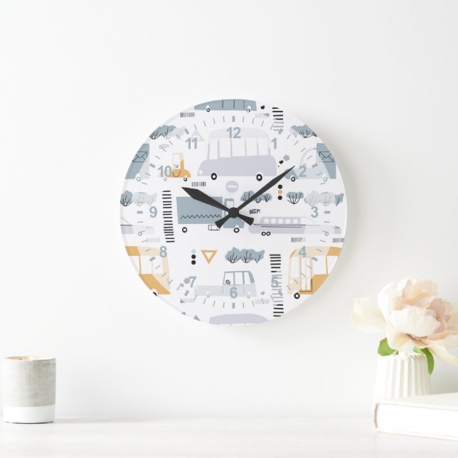 Cute Cars in Traffic Pattern Large Clock (Home)