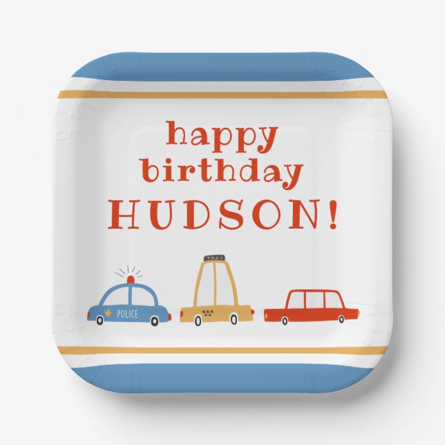 Cute Cars Personalised Party Plates (Front)