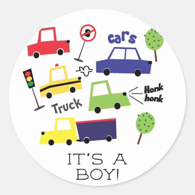 Cute Cars & Trucks It' A Boy Favour Sticker (Front)